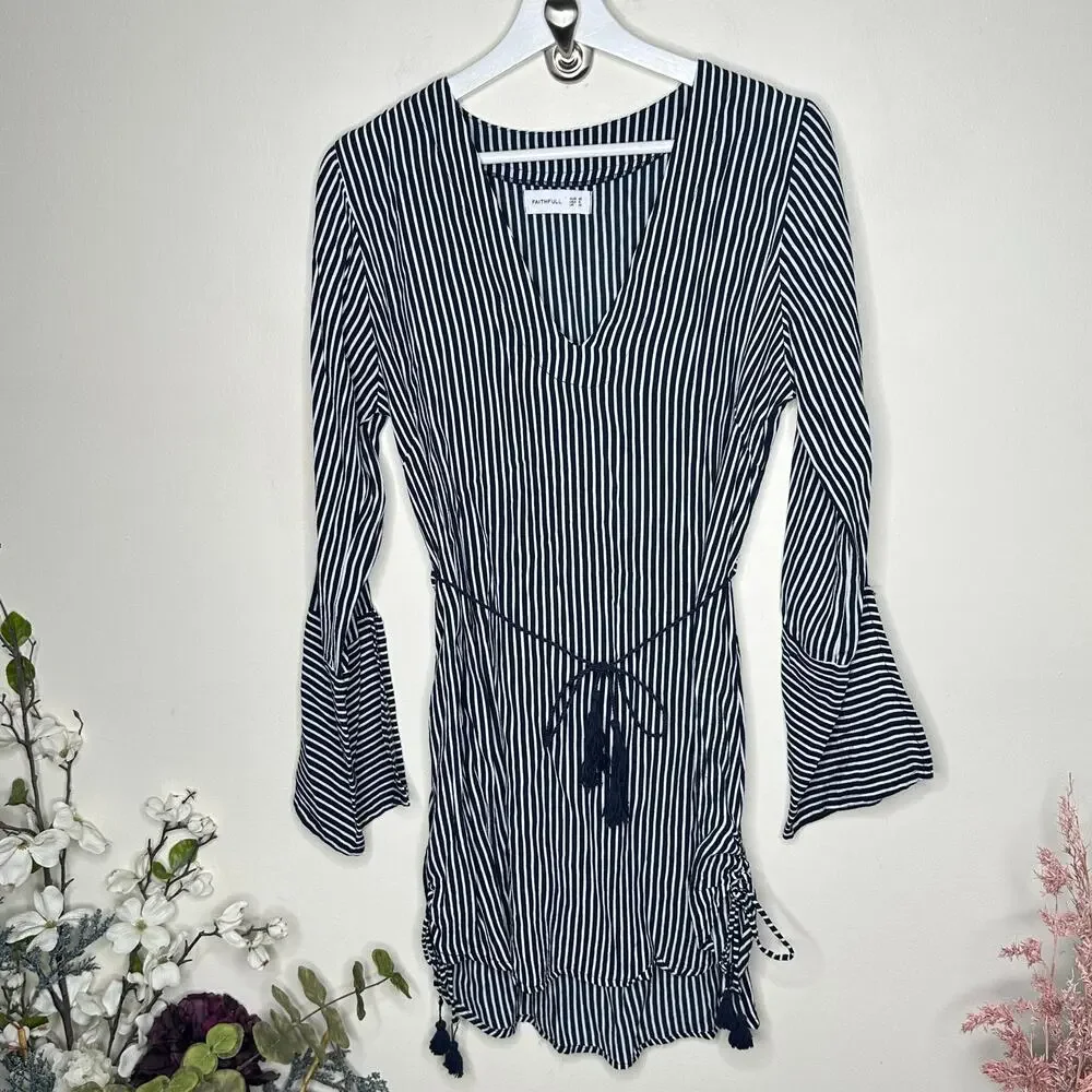 FAITHFULL THE BRAND Neroli Navy Blue Striped Long Sleeve Dress Tassel {TT35} - Picture 4 of 7